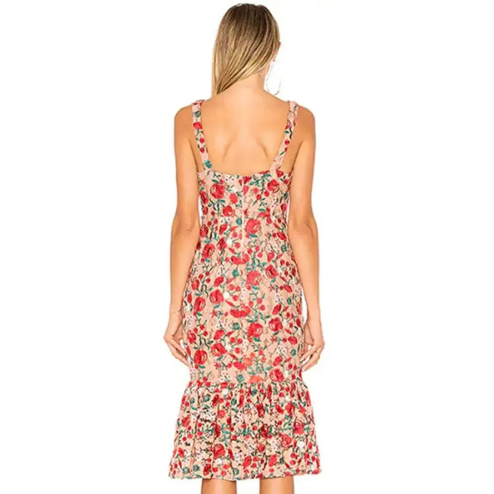 Lovers + Friends Under the Stars Midi Dress Floral Lace Ruffle Cottagecore Nude - Picture 4 of 15